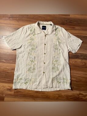 Tommy Bahama 100% Silk Camp Shirt XL Beige Tropical Embroidered Button-Up
